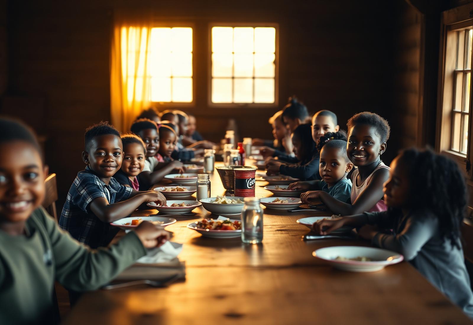 Children sharing a meal in a rural community hall at golden hour